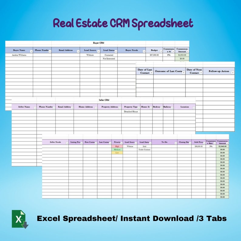 Real Estate CRM Spreadsheet, Realtor Client Tracker Template, Real Estate Buyer & Seller Tracker