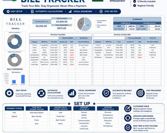 12 Month Bill Tracker Spreadsheet, Monthly Bill Payment Log, Bill Organizer Excel, Bill Checklist, Bill Calendar