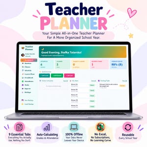May include: A laptop displaying a Teacher Planner dashboard with sections for students, classes, and tasks. The screen shows text including Teacher Planner, Good Evening, Stefka Tatarska, and various metrics. Below are five icons highlighting features like auto-calculating grades and offline access.