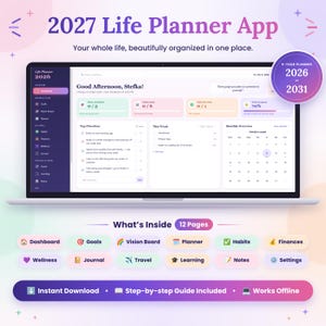 2027 Life Planner Web App, Interactive Life Vision Planner, Daily Planner, Habit Tracker, Finance Tracker, Wellness Tracker, Travel Planner