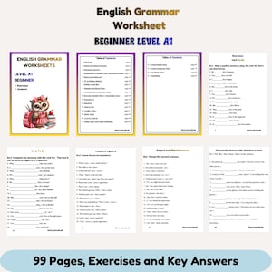 May include: English grammar worksheet for beginner level A1. The worksheet includes exercises and answers. The cover features an owl with a backpack and books. The worksheet has 99 pages of exercises and key answers.