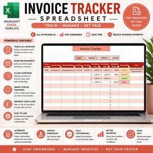 May include: A Microsoft Excel invoice tracker spreadsheet template displayed on a laptop screen. The digital interface features columns for invoice number, customer name, email, dates, amounts, and status, with red and white color-coded headers.