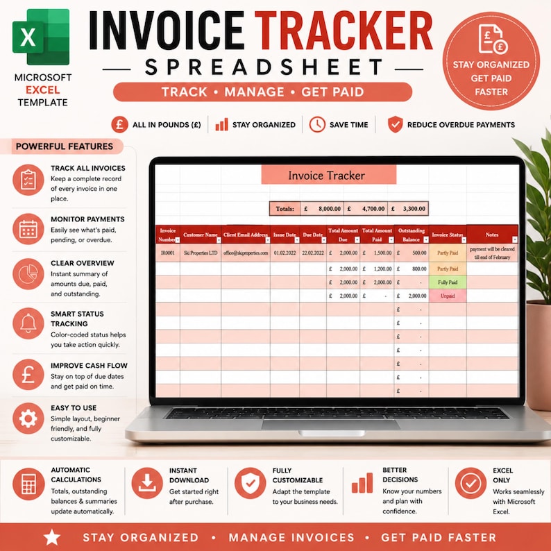 May include: A Microsoft Excel invoice tracker spreadsheet template displayed on a laptop screen. The digital interface features columns for invoice number, customer name, email, dates, amounts, and status, with red and white color-coded headers.