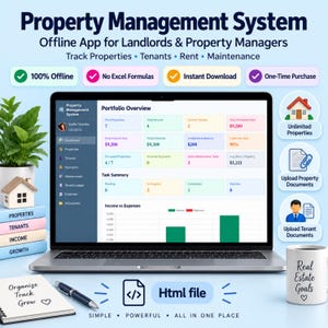 Könnte beinhalten: Ein Laptop zeigt ein Dashboard für ein Immobilienverwaltungssystem mit Portfolio-Übersicht sowie Einkommens- und Ausgabendiagrammen. Der Bildschirm enthält Daten zu Immobilien, Mietern und Mieten, ergänzt durch einen Notizblock und eine Tasse.