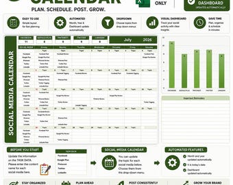 Plantilla de calendario para redes sociales en Excel, planificador mensual de contenido para redes sociales, planificador de contenido en Excel, plantilla de planificador de redes sociales