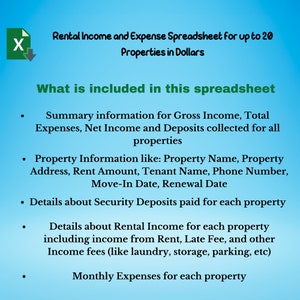 Puede incluir: Una hoja de c&aacute;lculo digital titulada "Rental Income and Expense Spreadsheet for up to 20 Properties in Dollars". La imagen detalla informaci&oacute;n resumida, detalles de la propiedad, dep&oacute;sitos de seguridad, ingresos por alquiler y gastos mensuales.