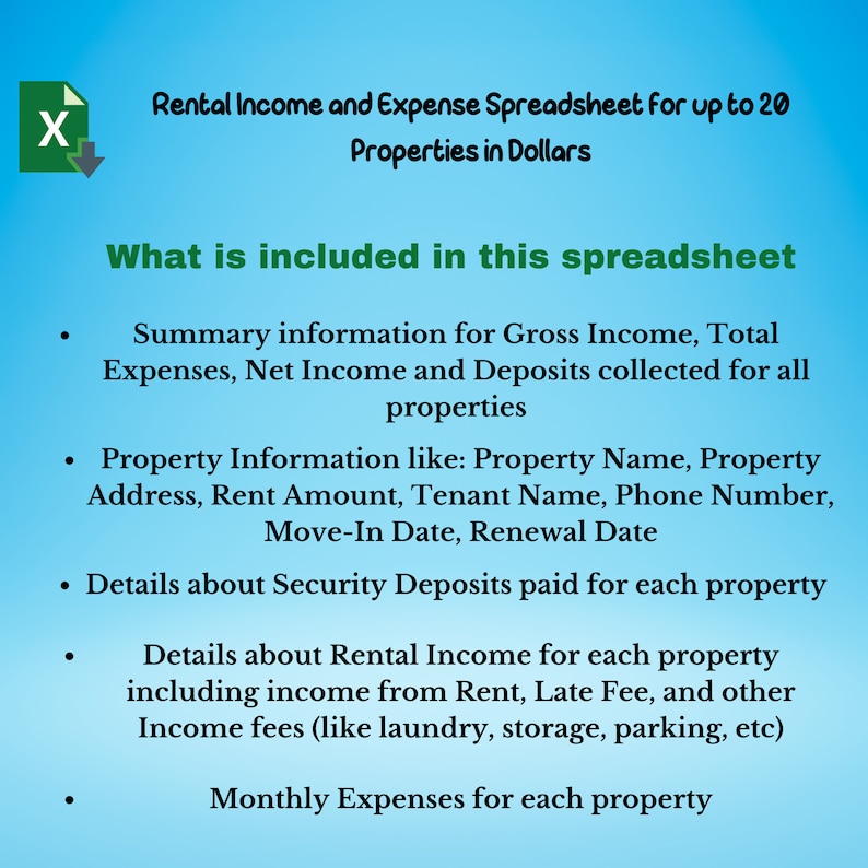 Puede incluir: Una hoja de c&aacute;lculo digital titulada "Rental Income and Expense Spreadsheet for up to 20 Properties in Dollars". La imagen detalla informaci&oacute;n resumida, detalles de la propiedad, dep&oacute;sitos de seguridad, ingresos por alquiler y gastos mensuales.