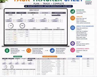 Task Tracker Spreadsheet Template Google Sheets, Weekly & Daily Task Tracker Sheet, To-Do List Google Sheets, Weekly Planner Spreadsheet