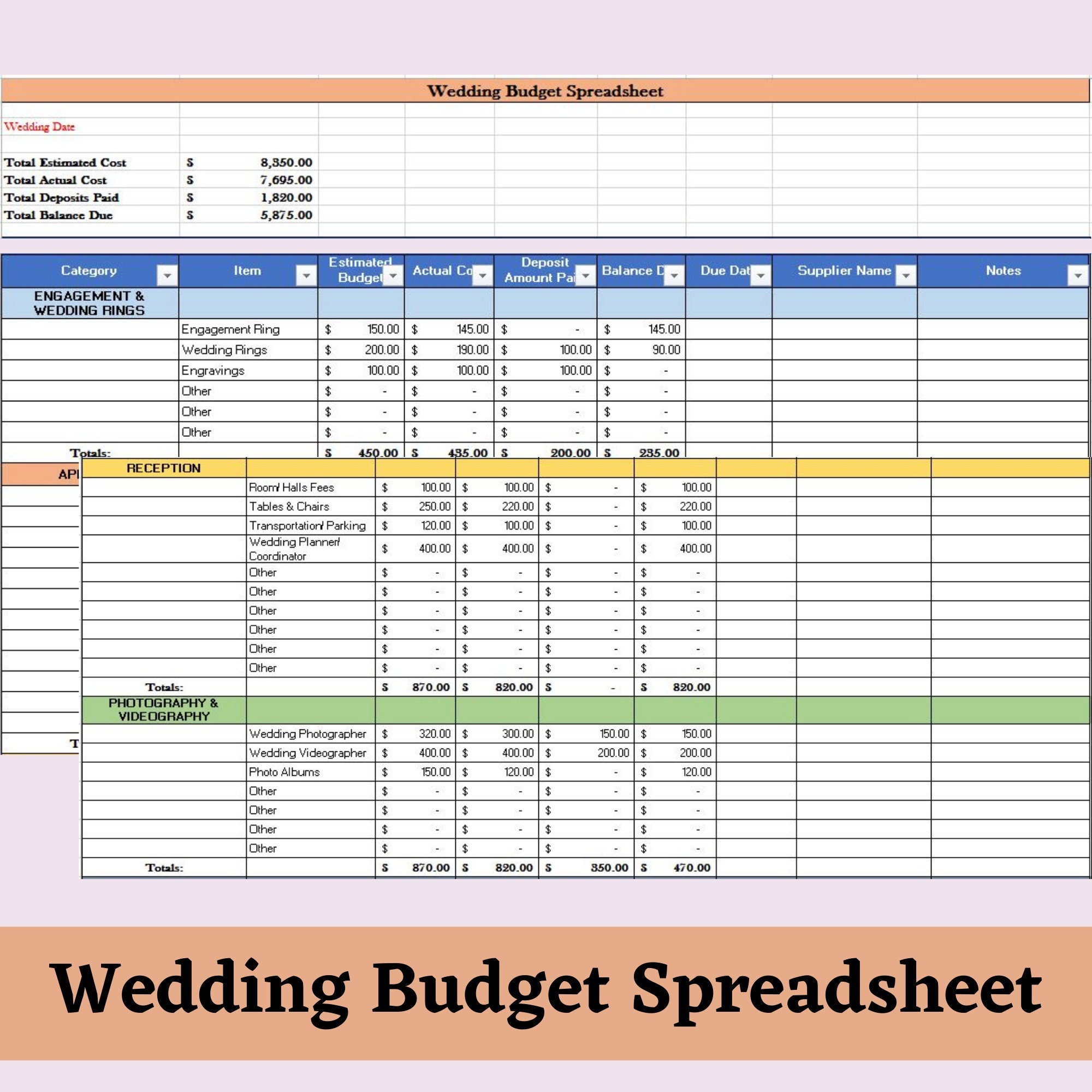 Wedding Budget Planner Spreadsheet, Wedding Budget Tracker, Financial