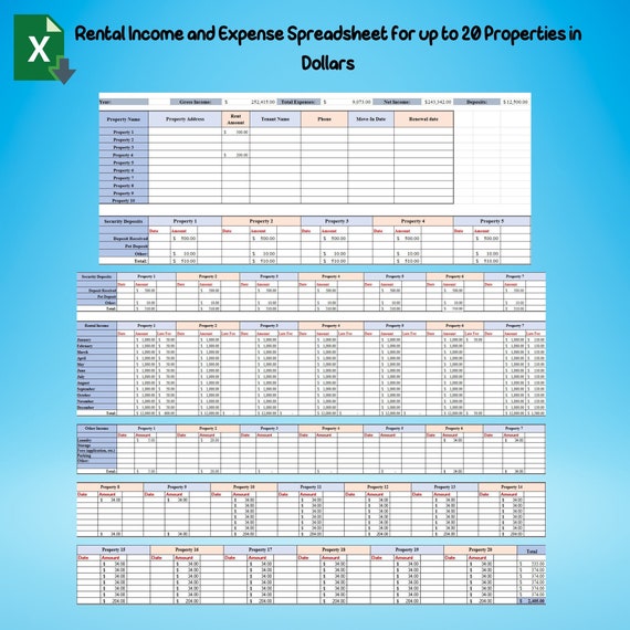 Rental Income and Expense Tracker for 20 Properties, Landlord Property Spreadsheet, Rental Property Spreadsheet, Rental Property Ledger