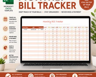 Excel Monthly Bill Tracker and Organizer, Excel Bill Tracker, Yearly Bill Tracker Spreadsheet, Bill Checklist