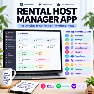 May include: A laptop screen displays the Rental Host Manager App dashboard with financial data, property occupancy, and alerts. A white mug with text and a notebook with a checklist sit nearby. A list of ten app tabs is shown on the right side.
