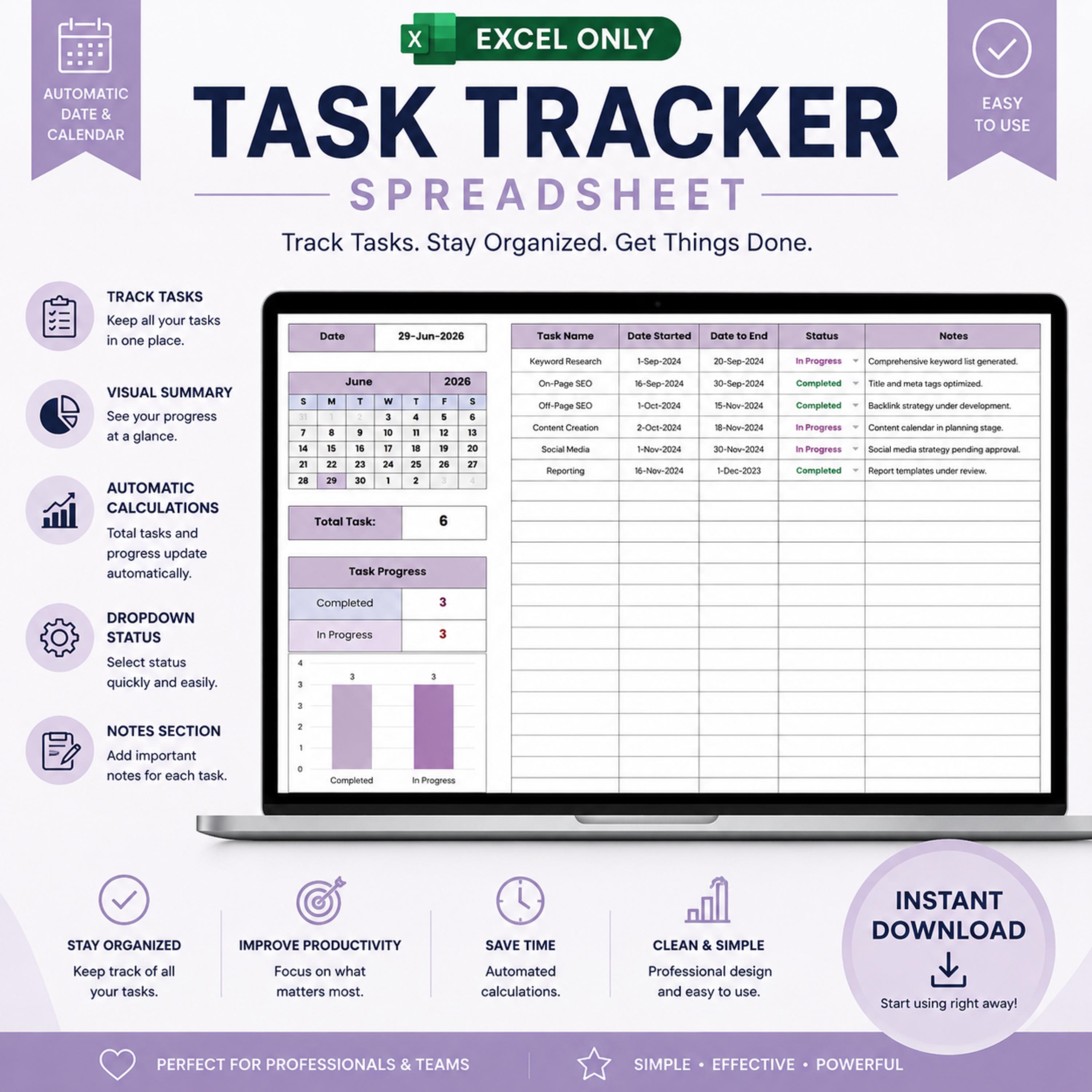 Task Tracker Spreadsheet, Task Management Spreadsheet, Productivity ...
