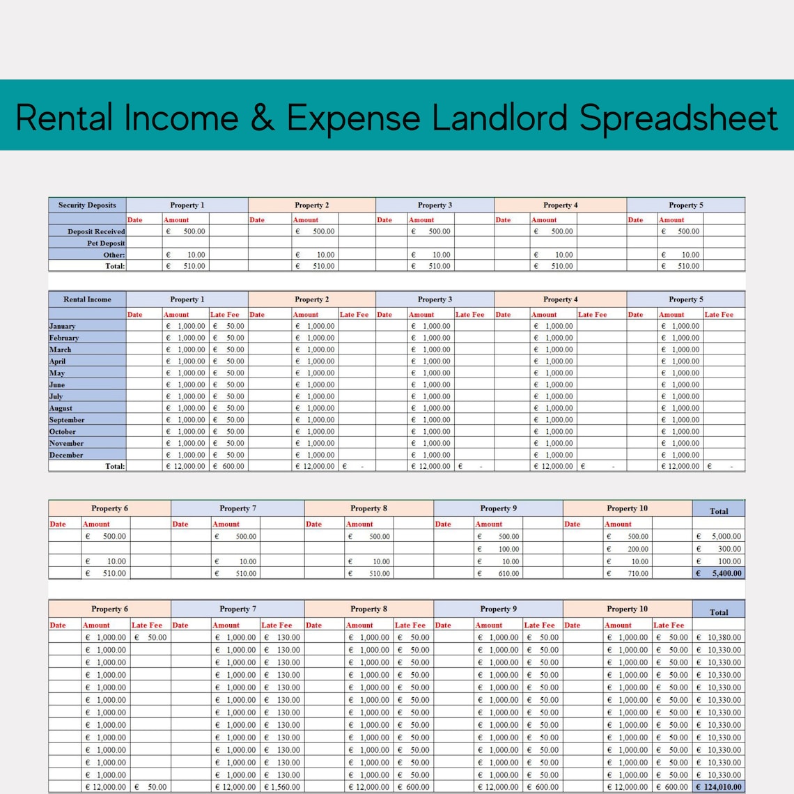 Landlord Rent Ledger Spreadsheet, Rental Property and Expense