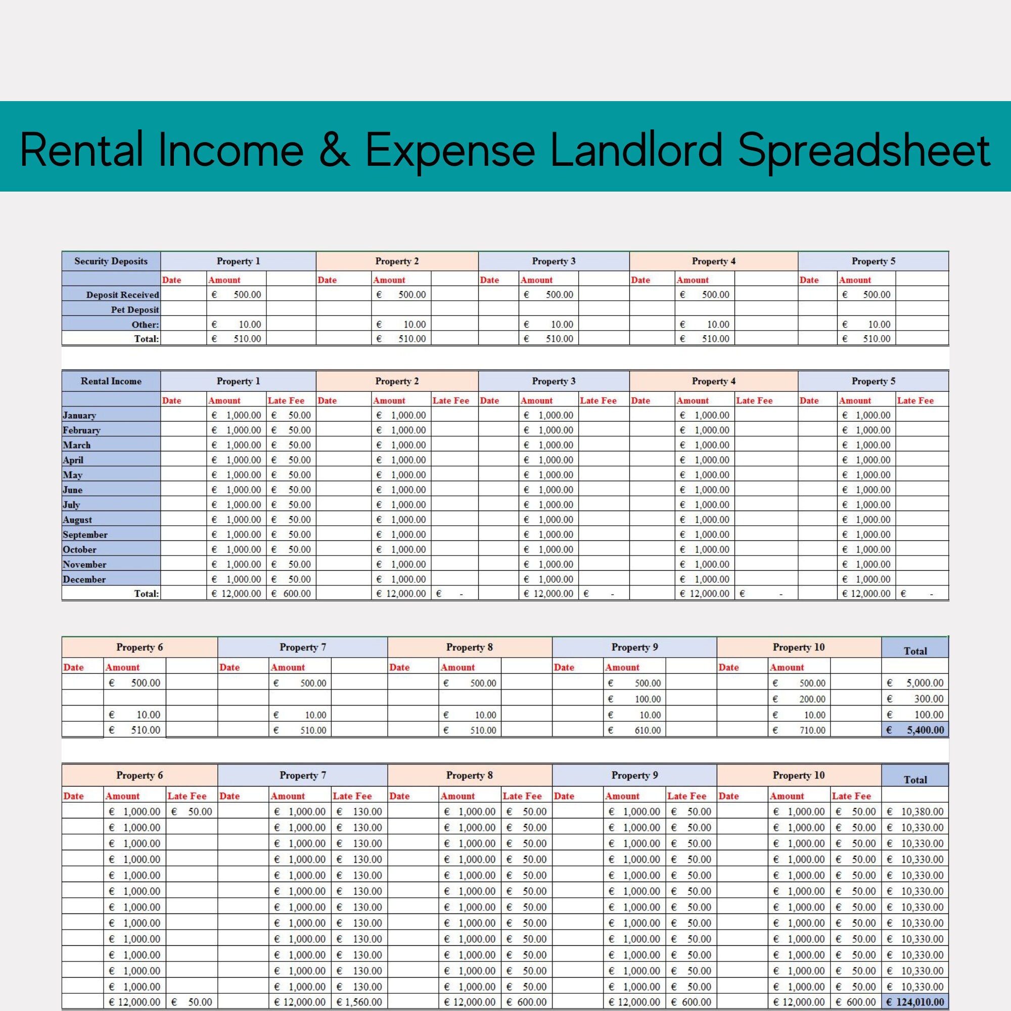 Blank Rent Chart Landlord Rent Ledger Spreadsheet, Rental Property Income and Expense ...