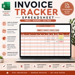 Könnte beinhalten: Eine Microsoft Excel-Rechnungsverfolgungsvorlage auf einem Laptop-Bildschirm. Die Benutzeroberfläche enthält Spalten für Rechnungsnummer, Kundenname, E-Mail, Datum, Beträge und Status, mit farbcodierten Zellen zur Nachverfolgung von Zahlungen.