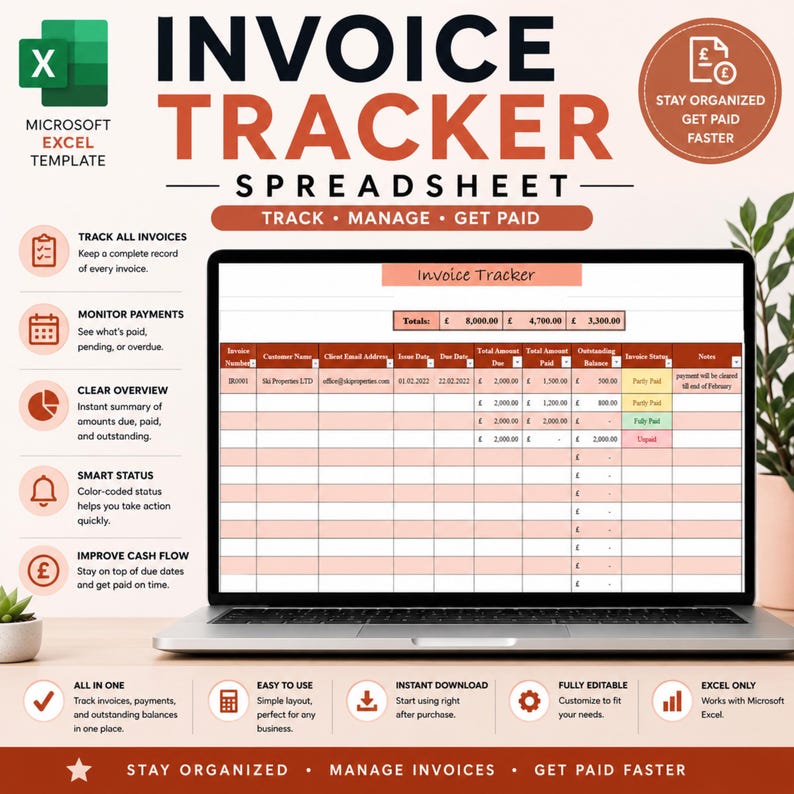 May include: A Microsoft Excel invoice tracker spreadsheet template displayed on a laptop screen. The interface features columns for invoice number, customer name, email, dates, amounts, and status, with color-coded cells for payment tracking.
