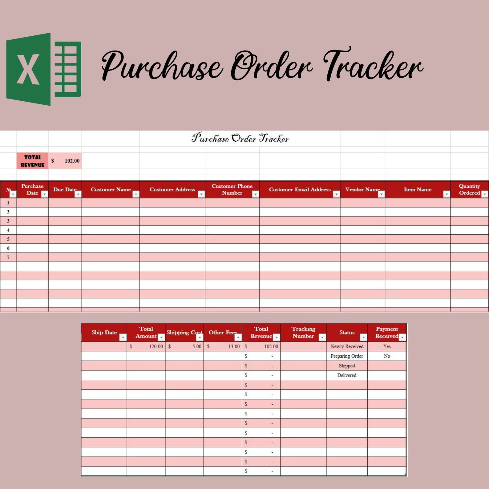 Purchase Order Tracker Excel Spreadsheet, Sales Tracker, Revenue Purchase Order Tracker Excel Spreadsheet, Sales Tracker, Revenue