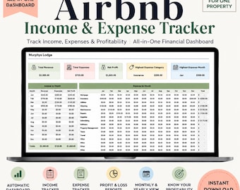 Hoja de cálculo para el seguimiento de ingresos y gastos de Airbnb, hoja de contabilidad para propiedades de alquiler, hoja de cálculo para la gestión de propiedades, pérdidas y ganancias de Airbnb.