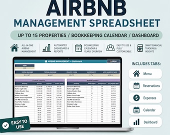 Hoja de cálculo para la gestión de Airbnb, hoja de cálculo de ingresos y gastos, registro de alquileres vacacionales, calendario de reservas, gestión de alquileres a corto plazo.