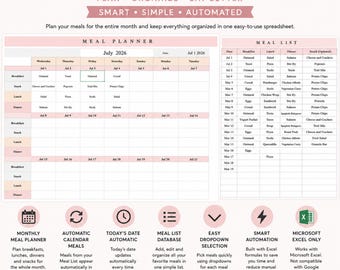 Planificador de comidas en hoja de cálculo, plantilla mensual para la preparación de comidas, planificador de comidas familiar en Excel, calendario de preparación de comidas