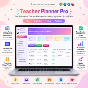 Könnte beinhalten: Ein Laptop mit der Benutzeroberfläche des Teacher Planner Pro, die ein Dashboard zur Nachverfolgung von Schülern, Klassen und Terminen zeigt. Der Bildschirm enthält eine Seitenleiste mit Navigationssymbolen und einen Bereich für Stundenpläne.