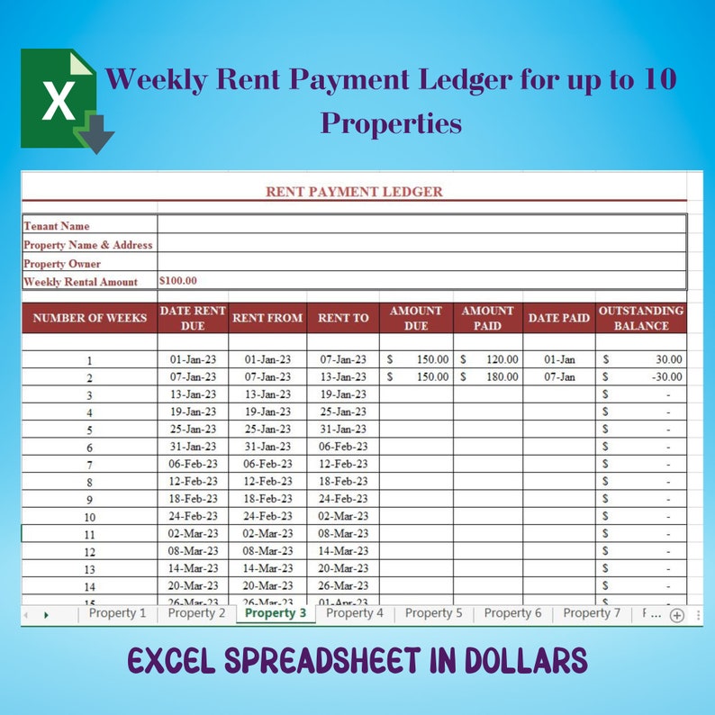 Weekly Rent Payment Ledger for 10 Properties USD, Rental Property ...