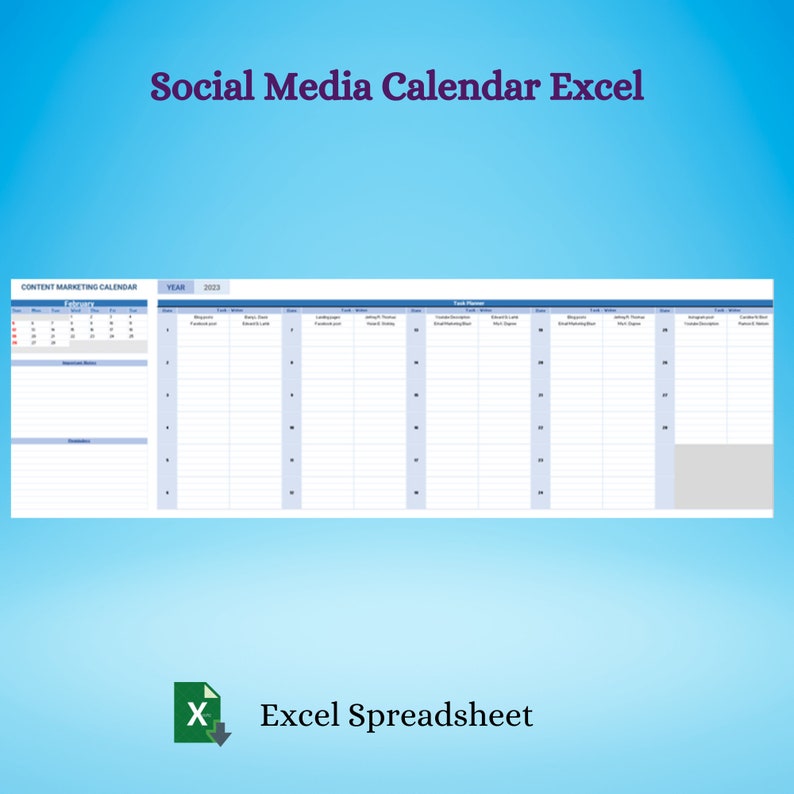 Social Media Calendar Excel, Content Marketing Planner Template