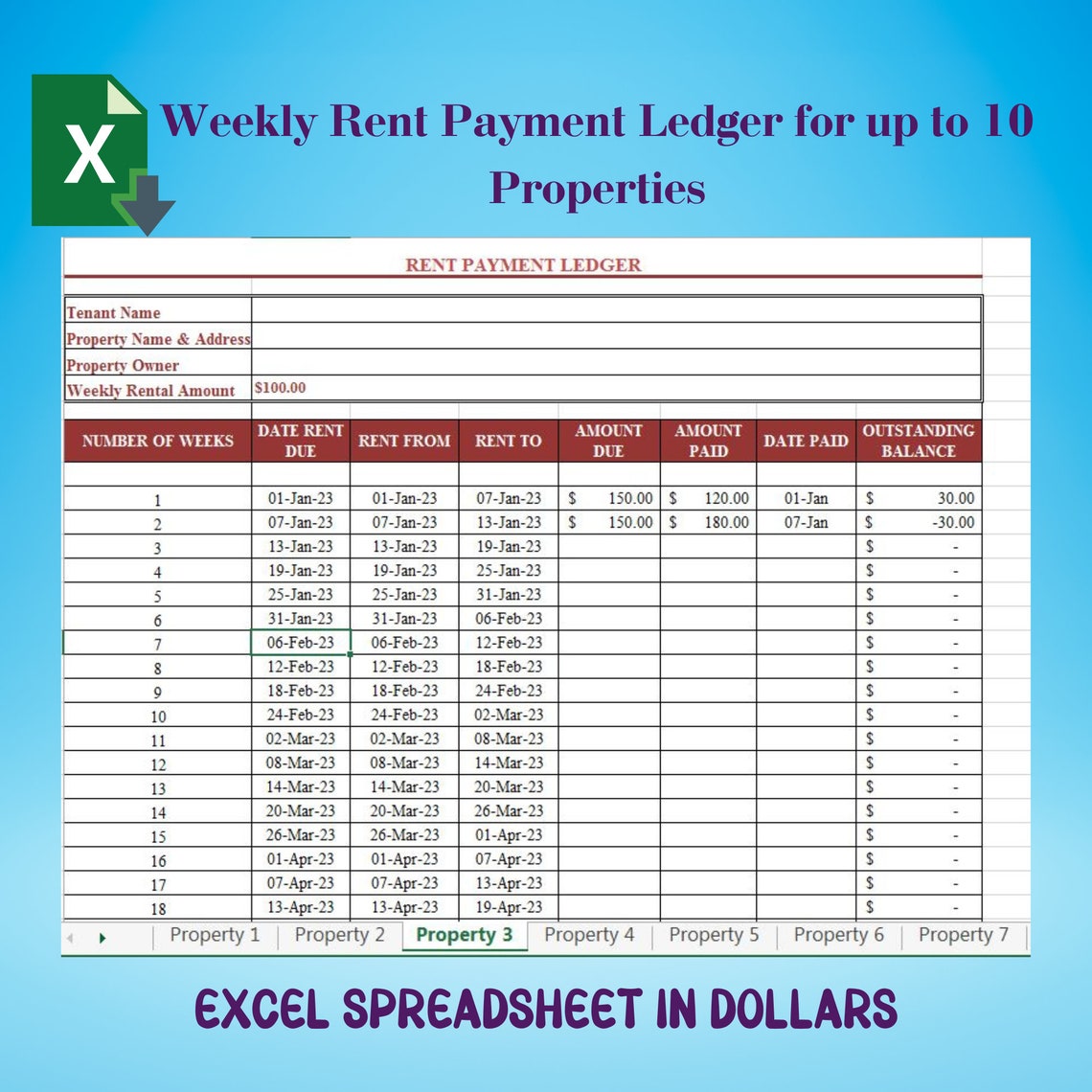Weekly Rent Payment Ledger for 10 Properties USD, Rental Property ...