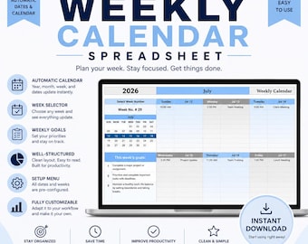 Weekly Calendar Spreadsheet, Weekly Planner Excel, Daily Task Schedule, To-Do List Excel, Task Schedule Spreadsheet