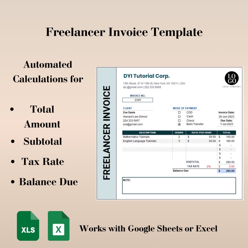 Freelancer Invoice Template in Google Sheets or Excel, Editable ...