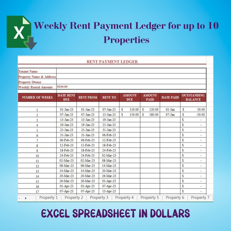 Weekly Rent Payment Ledger for 10 Properties USD, Rental Property