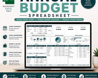 Annual Budget Spreadsheet, Excel Monthly Budget & Finance Tracker, Personal Finance Dashboard, Family Budget Excel