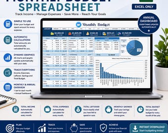 Hoja de cálculo de presupuesto mensual en Excel, Rastreador de presupuesto anual, Hoja de cálculo de presupuesto simple, Hoja de cálculo de seguimiento de gastos