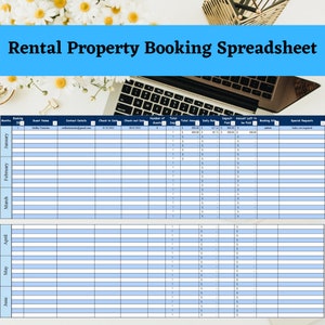 Könnte beinhalten: Eine blaue und weiße Tabelle mit dem Titel "Rental Property Booking Spreadsheet". Die Tabelle ist in Spalten mit Überschriften wie "Monat", "Buchungs-ID", "Gastname", "Kontaktinformationen", "Ankunftsdatum", "Abreisedatum", "Anzahl der Gäste", "Gesamtzahl der Tage", "Gesamtbetrag", "Tagespreis", "Angezahlte Anzahlung", "Restbetrag", "Buchungsseite" und "Besondere Wünsche" unterteilt.