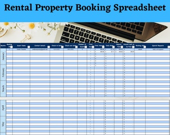 May include: A blue and white spreadsheet with the title "Rental Property Booking Spreadsheet". The spreadsheet is divided into columns with headings such as "Month", "Booking ID", "Guest Name", "Contact Details", "Check-in Date", "Check-out Date", "Number of Guests", "Total Days", "Total Amount", "Daily Rate", "Deposit Paid", "Amount Left to Be Paid", "Booking Site", and "Special Requests".