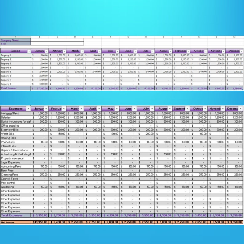 Airbnb Rental & Expense Spreadsheet USD, Rental and