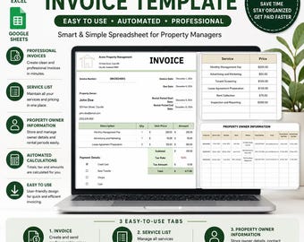 Plantilla de factura para administración de propiedades en Google Sheets o Excel, plantilla de factura comercial, herramienta para pequeñas empresas, sistema de facturación.