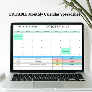 Feuille de calcul de calendrier mensuel MODIFIABLE, planificateur de calendrier Excel, modèle de planificateur mensuel, outil de suivi des tâches annuel automatisé