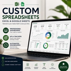 May include: A laptop screen displaying a business dashboard with charts, graphs, and financial data. The text reads CUSTOM SPREADSHEETS EXCEL & GOOGLE SHEETS, PROFESSIONAL DASHBOARDS, KPI & TRACKERS, AUTOMATED DASHBOARDS, 100% CUSTOM SOLUTIONS, and more.