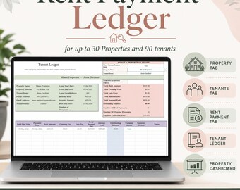 Hoja de cálculo para el registro de pagos de alquiler, Libro mayor de alquileres de inquilinos en Google Sheets, Rastreador de alquileres para propietarios en Excel, Rastreador de pagos de alquiler de propiedades