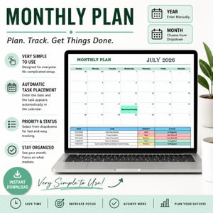Hoja de cálculo de calendario mensual editable, planificador de calendario en Excel, plantilla de planificador mensual, rastreador de tareas anual automatizado