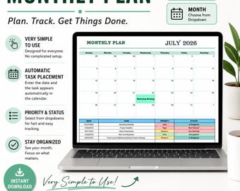 EDITABLE Monthly Calendar Spreadsheet, Excel Calendar Planner, Monthly Planner Template, Automated Annual Task Tracker