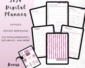 Digital Planner, 2024 Digital Planner. Digital Planner for Goodnotes, Digital Planner for Notability, pink, pink stripe