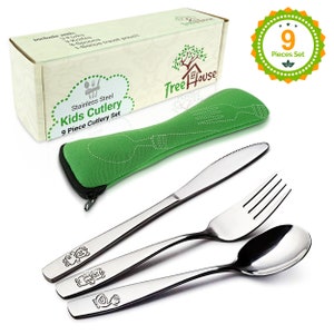 Safety First Toddler Silverware Set (9PCS) Utensilios de entrenamiento de cubiertos de acero inoxidable para niños pequeños + BONUS Bolsa de viaje portátil de cubiertos