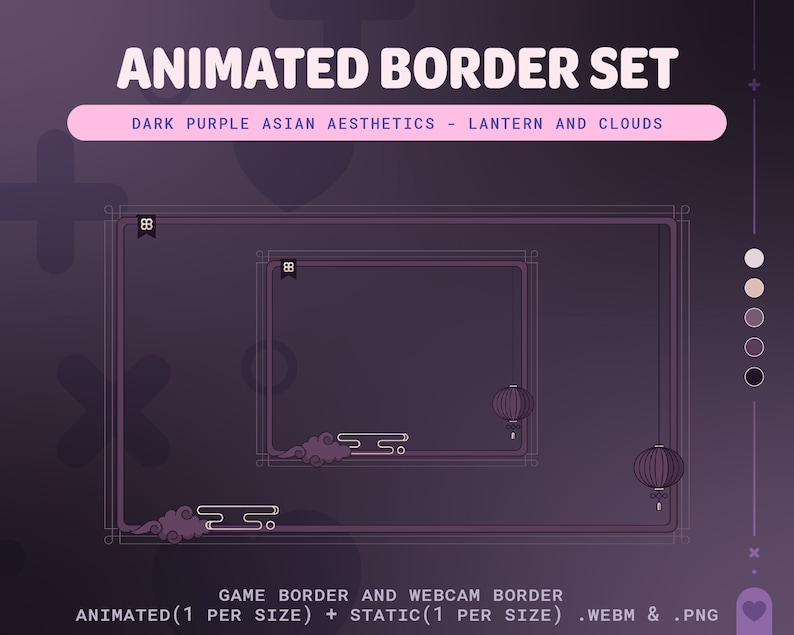 May include: Animated border set with a dark purple background. The border features a lantern and clouds in a traditional Asian style. The text "ANIMATED BORDER SET" and "DARK PURPLE ASIAN AESTHETICS - LANTERN AND CLOUDS" is displayed at the top of the image. The text "GAME BORDER AND WEBCAM BORDER" is displayed at the bottom of the image. The text "ANIMATED (1 PER SIZE) + STATIC (1 PER SIZE) .WEBM & .PNG" is displayed below the previous text.
