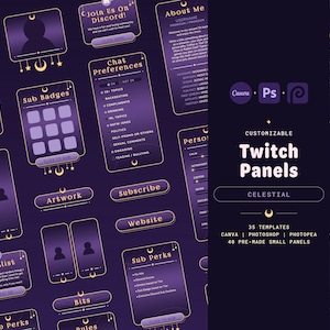 May include: A set of 35 customizable Twitch panels in a celestial theme. The panels are purple with gold accents and feature crescent moons and stars. The panels are designed for use with Canva, Photoshop, and Photopea. The text on the panels includes "Game Enjoyment", "Wishlist", "Sub Badges", "Chat Preferences", "Artwork", "Bits", "Rules", "Subscribe", "Website", "Sub Perks", "About Me", "Personal", "Discord", "Twitch Panels", "Celestial", "Canva", "Photoshop", "Photopea", "35 Templates", "40 Pre-Made Small Panels", "Like", "Dis".