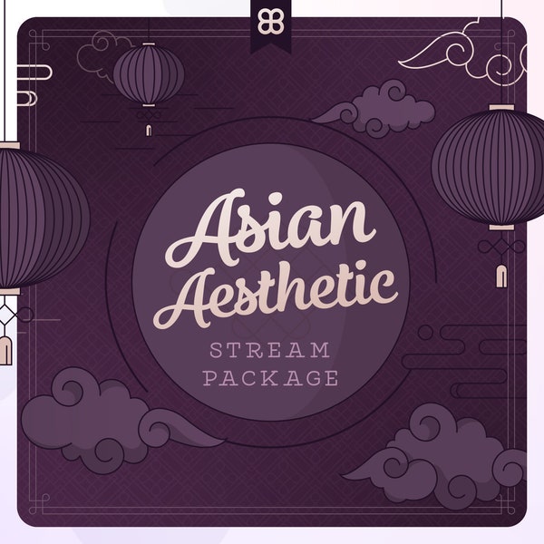 Paquete de transmisión superpuesta animada de estética asiática de color púrpura oscuro/tema de nubes y linternas