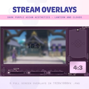May include: Purple and white stream overlay with a blurred background of a Japanese-style town. The overlay includes a 16:9 aspect ratio, a 4:3 aspect ratio, and a progress bar with hearts, stars, and a dollar sign. The text "STREAM OVERLAYS" is at the top of the image. The text "DARK PURPLE ASIAN AESTHETICS - LANTERN AND CLOUDS" is below the title. The text "6 FULL SCREEN OVERLAYS IN 1920x1080PX.PNG" is at the bottom of the image.