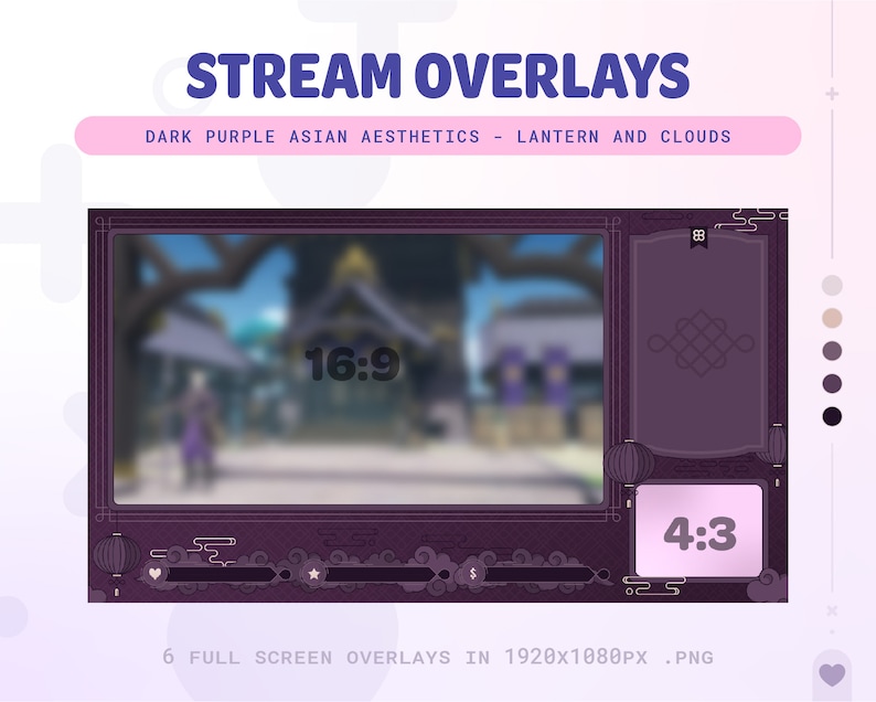 May include: Purple and white stream overlay with a blurred background of a Japanese-style town. The overlay includes a 16:9 aspect ratio, a 4:3 aspect ratio, and a progress bar with hearts, stars, and a dollar sign. The text "STREAM OVERLAYS" is at the top of the image. The text "DARK PURPLE ASIAN AESTHETICS - LANTERN AND CLOUDS" is below the title. The text "6 FULL SCREEN OVERLAYS IN 1920x1080PX.PNG" is at the bottom of the image.